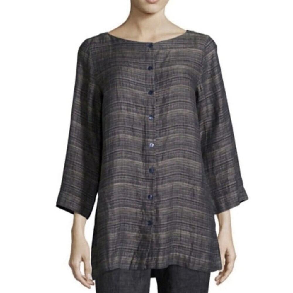 Eileen Fisher Organic Linen Cardigan Blue Striped Lagenlook Sustainable Medium